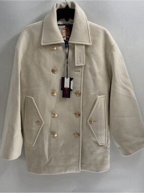 Tommy Hilfiger Cream Double-Breasted Pea Coat with Gold Buttons